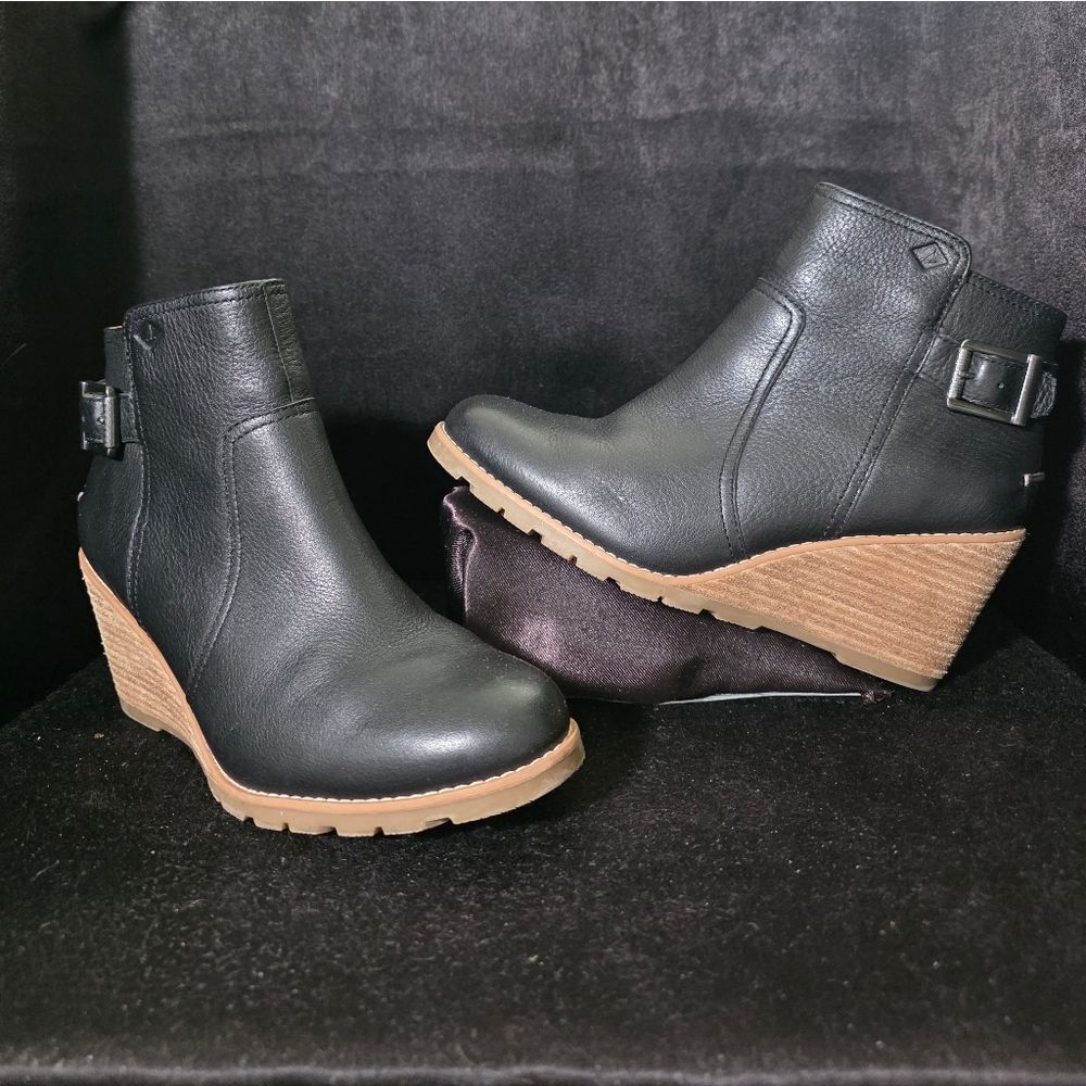 Sperry Black Leather Wedge Ankle Boots Womens 8.5